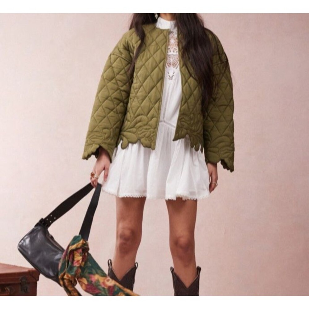 ASOS DESIGN Cut Work Quilted Jacket -Olive Khaki Womens S Small 4 6 - Picture 1 of 12